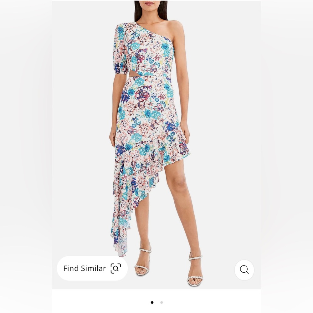 BCBGMaxazria floral, one shoulder formal dress